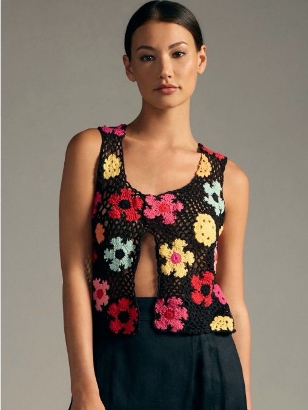 Tach Floral Crochet Black Tank Top with Multicolor Flowers